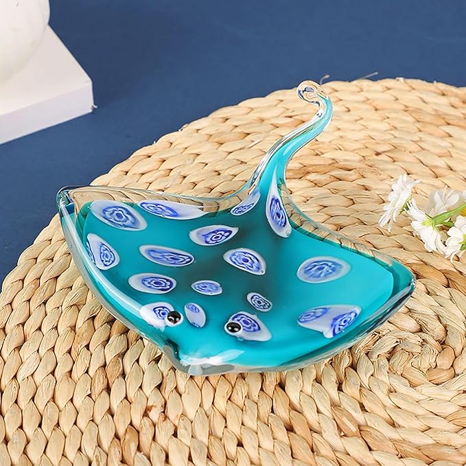 Crystal Devil Fish Figurine Hand Blown Glass Manta Ray Statue Collectibles Ocean Art Sea Animal Home Table Decor Gift Green 4.7''