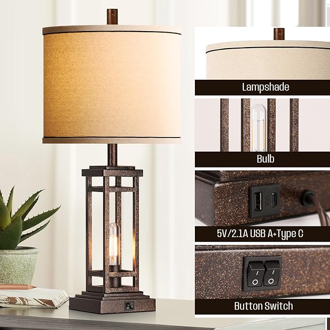 ROTTOGOON 27.5 Tall Farmhouse Table Lamp with USB C + USB A Charge Ports, Rustic Living Room Lamp, Black Industrial End Table Lamp for Bedroom Living Room Nightstand (Bronze)