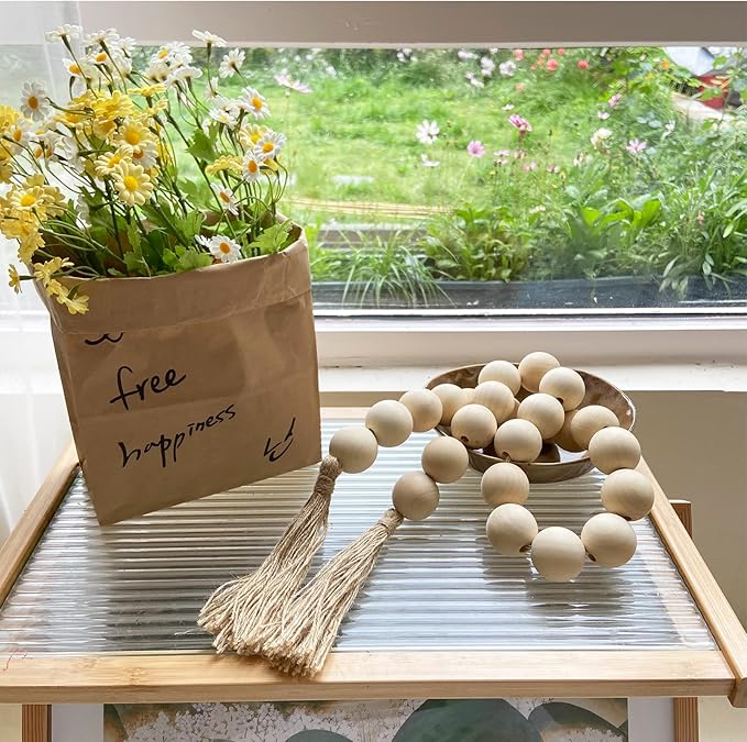 OMISHE 50" Long Extra Large Wood Bead Garland with 1.6" Diameter Wooden Beads and Tassels, Rustic Farmhouse Country Decorative Beads for Home Decor Tiered Tray Decor, Natural Beige