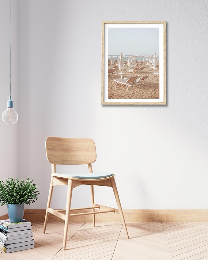 HesenDot Natural OAK Wood Framed Italy Beach Wall Art,12x16in Amalfi Coast Canvas Wall Print,Positano Seascape White Beach Chair Wall Decor for Living Room, Bedroom,Office Gallery Set of 1