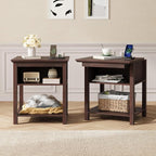 Rresyet Sliding Side Table Set of 2 with Charging Station & 2-Tier Storage,Farmhouse End Table, Wooden Nightstand for Bedroom & Living Room,Cherry