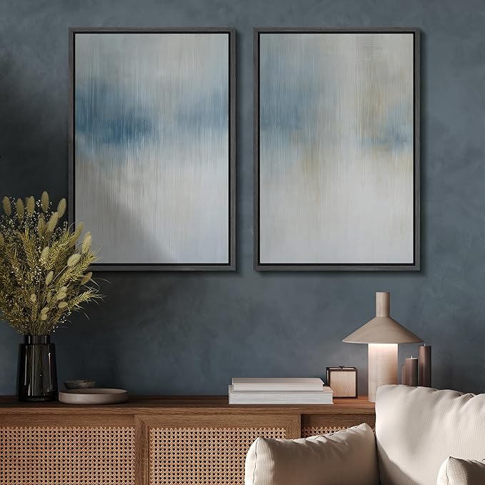 SIGNFORD Framed Canvas Print Wall Art Set Blue and Beige Abstract Modern Neutral Vertical Illustration Modern Art Decorative Nordic Nature for Living Room, Bedroom, Office - 24"x36"x2 Black