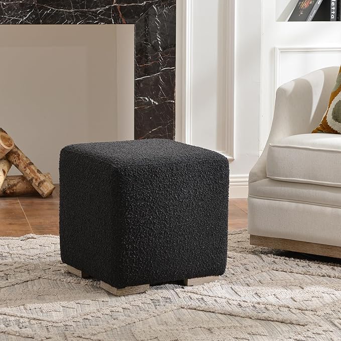 KINWELL 18.5" Wide Modern Square Boucle Upholstered Ottoman with Solid Wood Legs, Cube Ottoman Multi-Functional Sofa Footrest, Extra Seating for Living Room, Bedroom, Fully Assembled (Black)