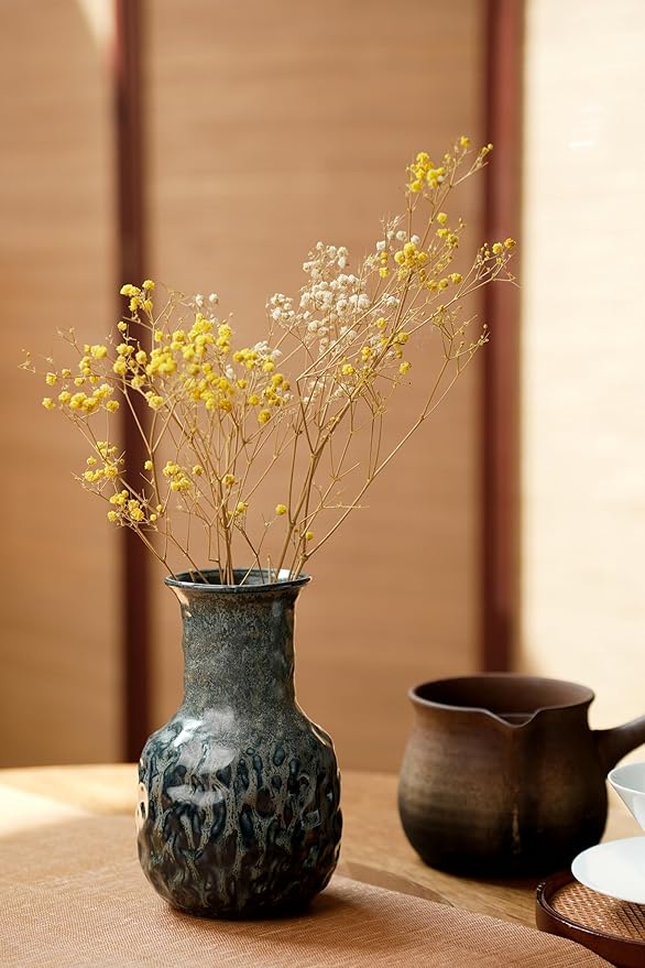 Rustic Pottery Ceramic Vase - Vintage Farmhouse Style Decor, White Grid Ceramic Vases for Home Decor, Modern Farmhouse Decor (Blue and green)