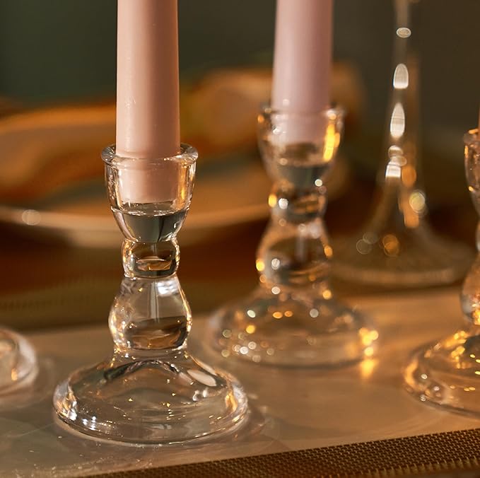 Glass Taper Candle Holders Small Clear Candlestick Holders Bulk, Thickened Glass Crystal Candle Sticks Set for Dining Table Wedding Party Fireplace Mantle Table Centerpiece Decor, 10Pcs