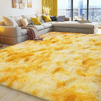 9x12 Large Area Rugs for Living Room, Ultra Fluffy Plush Rug for Living Room Bedroom, Thick Fluffy Carpet for Girls Boys Kids Room, Non Slip Dorm Rug for Home Decor Aesthetic, Tie-Dyed Yellow