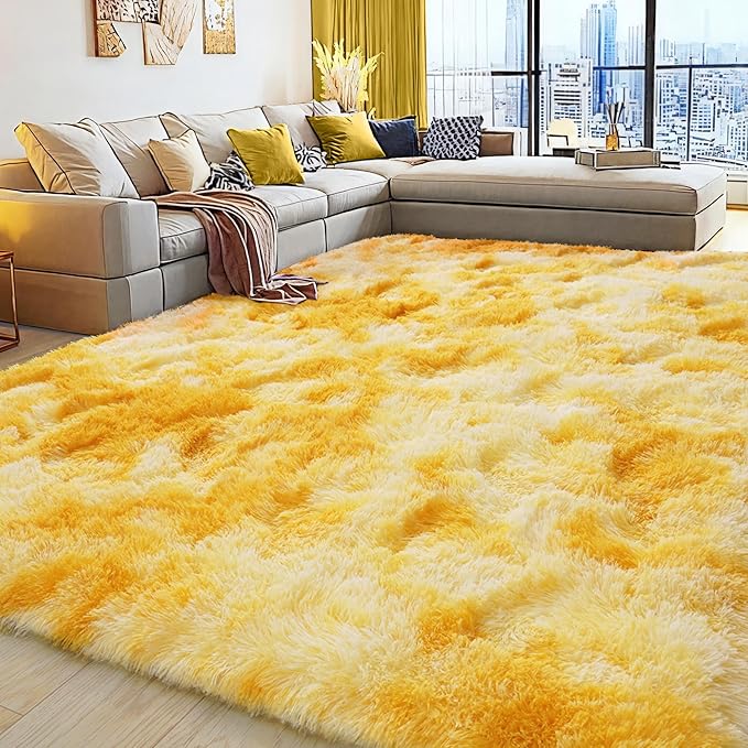 Large 8x10 Area Rugs for Living Room, Tie-Dyed Yellow Soft Shag Rug for Bedroom, Non-Slip Ultra Fluffy Rug, Modern Plush Carpet for Girls Boys Kids Room Dorm, Fuzzy Rug for Home Decor Aesthetic