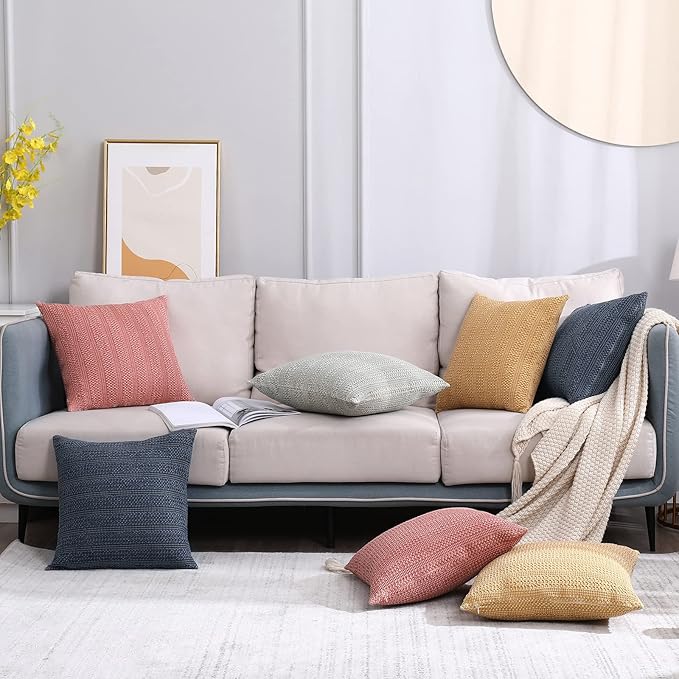 18x18 Throw Pillow Covers Set of 2 Boho Decorative Pillow Shams Stone Washed Cotton Pillowcase Waffle Square for Couch Sofa Chair Bed Car,Coral Pink