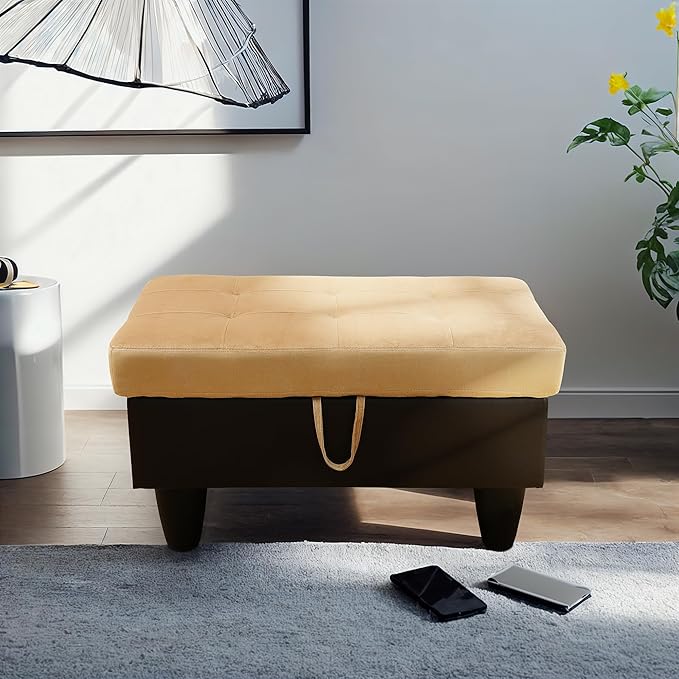 Ottoman Rectangular Storage Ottoman Bench, Flannel Footrest Stool Footstool with Lid for Living Room, Bedroom, Entryway, Champagne&Black, 35"x23.5"x17.5"