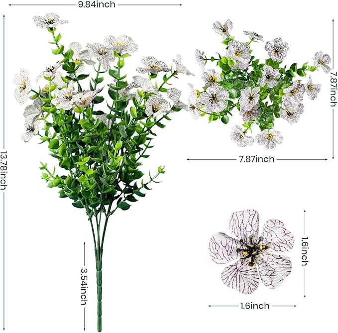 20 Bundles Artificial Flowers for Outdoor Fake Plants for Spring Decoration,Faux Eucalyptus Flowers for Planter UV Resistant Lifelike for Home Porch Garden（White）