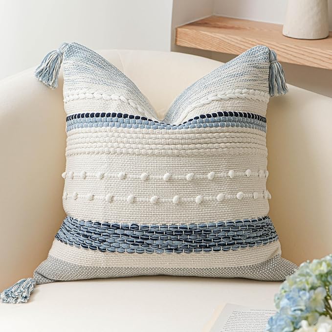 BlissBlush Coastal Blue Boho Decorative Throw Pillow Cover 22x22 Modern Bohemian Accent Pillow Case Square Woven Textured Farmhouse Pillows for Couch Bed (Pack of 1)