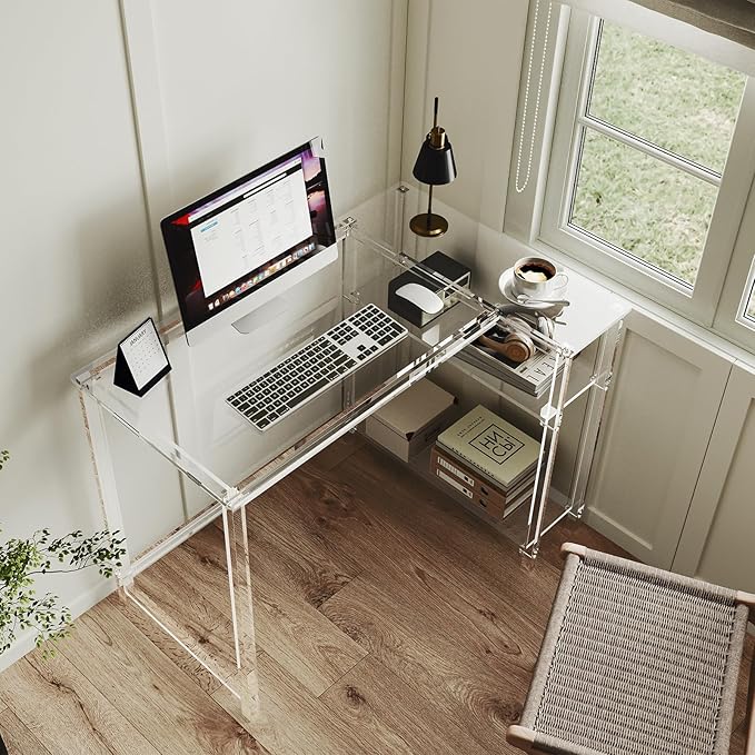 Eglaf Acrylic L-Shaped Desk - Clear Desk with Reversible Storage Shelves - Modern Home Office Desk Corner Desk for Study, Writing, Rectangular Legs, Easy Assembly, 39.4" L x 27''W x 29.5" H