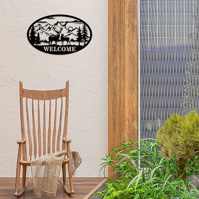 Rustic Metal Deer Cabin Sign, Outdoor Welcome Sign for Front Porch, Great Gift for Hunters, Farmhouse Cabin Decor