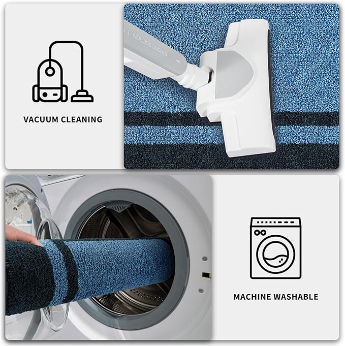 PURRUGS Dirt Trapping Door Mat 24" x 70", Non-Slip/Skid Machine Washable Entryway Rug, Shoes Scraper, Area Rug, Super Absorbent Welcome Mat for Muddy Wet Shoes and Paws, Light Blue & Navy