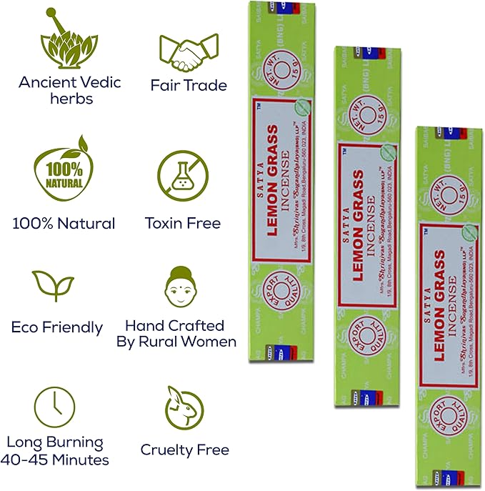 Satya Lemon Grass & Nagchampa Incense - 15gmx12 Pack with Raajsee Incense Holder