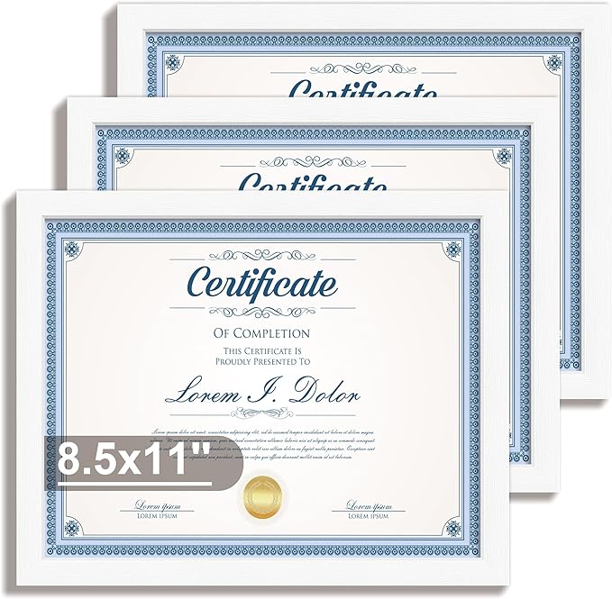8.5x11 Diploma Frame with Tempered Glass, Multi Certificate 8.5 by 11 Photo Frame Bulk for Wall or Tabletop Display(White, 1 Pack)