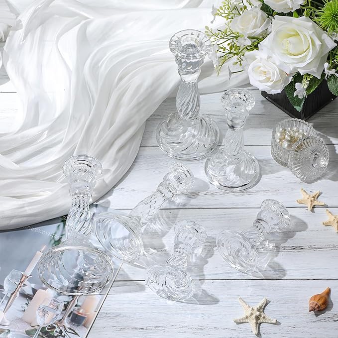 Mumufy 6 Pack Glass Taper Candle Holders Clear Candlestick Holder Fit 0.8 Inch Candles 4'' 6'' 8'' Tall Crystal Decorative Candlestick Stand Centerpiece for Table Wedding Dining Party (Spiral)