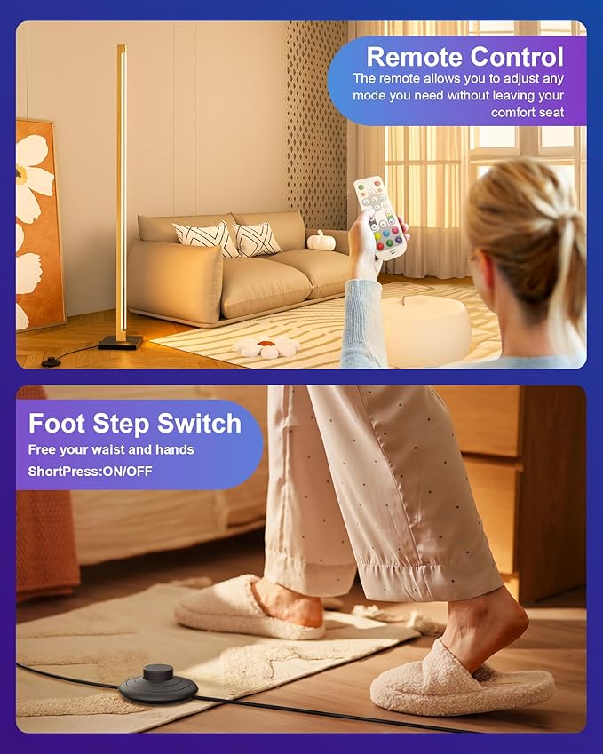 Gold Floor Lamp with Remote, Aluminum RGB LED Corner Lamp with Alexa, 1600 Lumen Standing Lamp with DIY Music Sync and 16 Million Colors, Smart Dimmable Floor Lamp for Living Rooms, Bedrooms