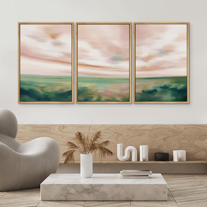 SIGNWIN Framed Canvas Print Wall Art Set Pastel Watercolor Pink Cloud Sky Green Countryside Hill Nature Wilderness Illustrations Modern Art Decorative Scenic for Bedroom - 16"x24"x3 Natural