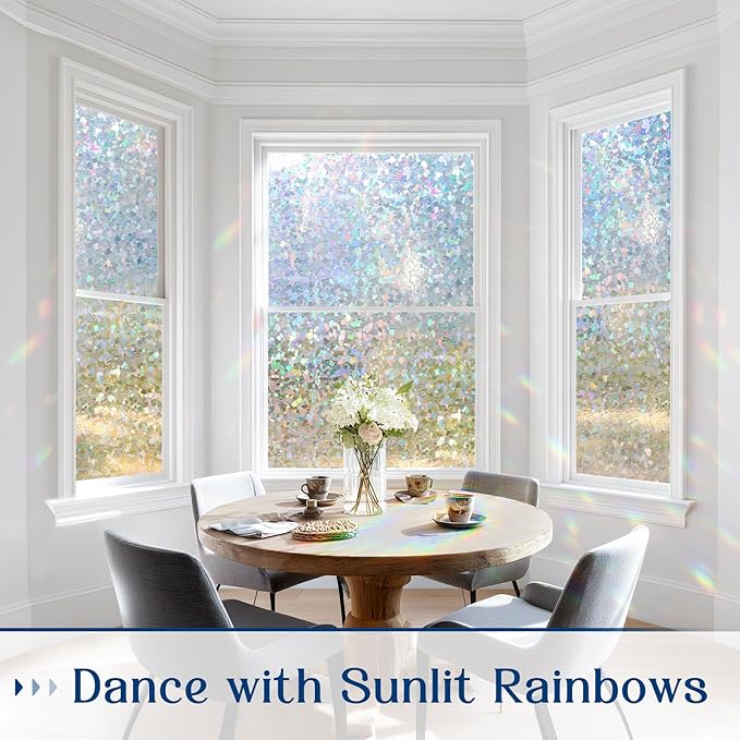 Haton Window Privacy Film, Rainbow Stained Glass Window Clings, 3D Decorative UV Sun Blocking Sticker, Removable Static Cling Heat Control Tint for Home Door, 23.6" x 78.7" Non-Adhesive
