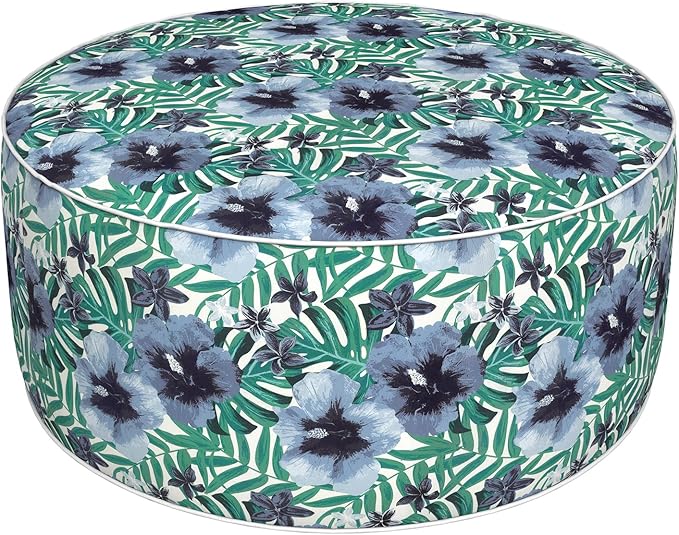 Inflatable Ottoman Stool D31 xH14 for Outdoor/Indoor Use, Water Repellent Patio Foot Rest with Portable Handle,Round Pouf Ottoman Suitable for Garden,Deck and Camping - Blue Salmone Tropical