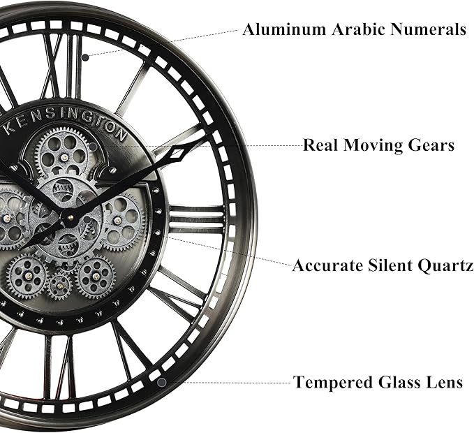 CLXEAST 21 Inch Modern Moving Gears Wall Clock for Living Room Decor,Industrial Steampunk Clocks for Farmhouse Home Decor,Roman Numerals,Gunmetal Nickel Finish