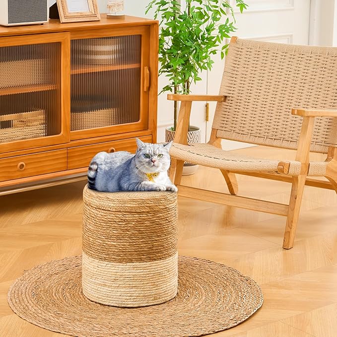 Wimarsbon Storage Pouf Ottoman, Hand Weaving Natural Straw Foot Stool, Bohemian Round Patio Ottomans, Rustic Lounge Pouffe, Outdoor Extra Seat for Garden (14inch Cattail+Beige Corn Husk L)