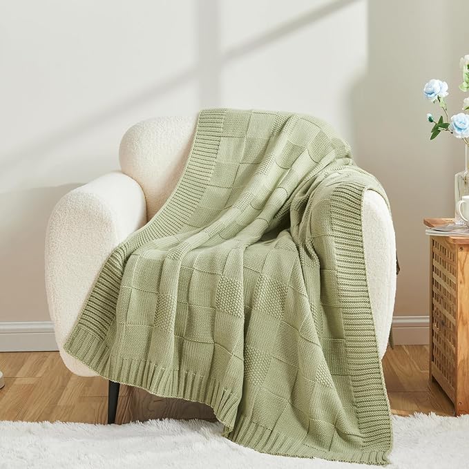 CozeCube Check Knit Throw Blanket, Sage Green Checkered Throw for Couch, Decorative Christmas Soft Cozy Warm Knitted Blanket for Bed Sofa Living Room, 60"X80"