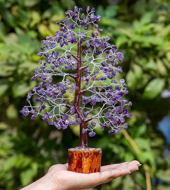 Crocon Amethyst Gemstone Tree Feng Shui Figurine Money Bonsai Good Luck Chakra Balancing Reiki Healing Crystals Decoration Ornament Sculpture Prosperity Table Decor Gift Size 10-12\