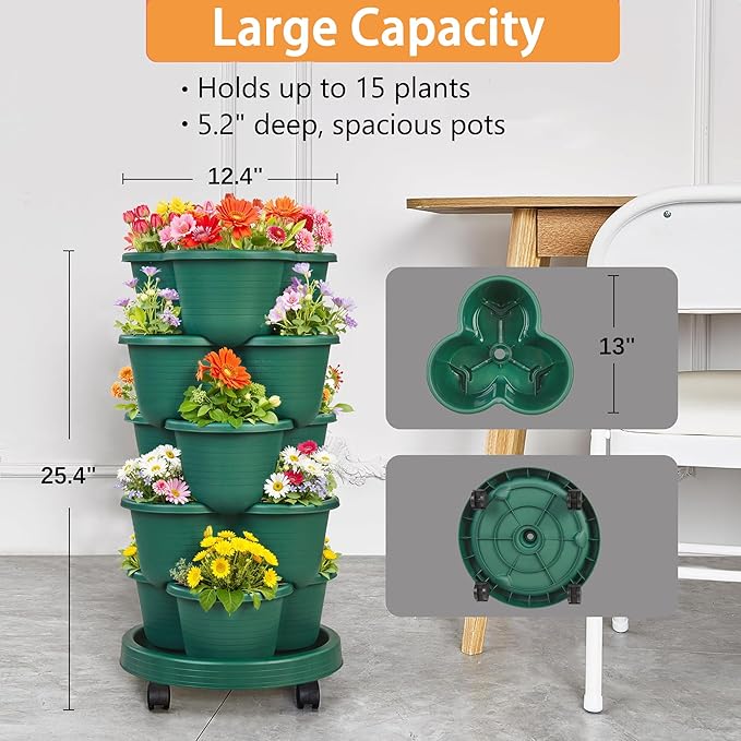 VECELO 5 Tier Vertical Garden Planter, Self Watering Stackable Planters with Wheels for Strawberries, Herbs, Flowers, Vegetables, Dark Green