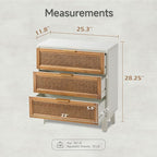 COZAYH Farmhouse 3-Drawer Nightstand, Rattan Cane Front Accent Dresser with Brass Pull, Distressed White