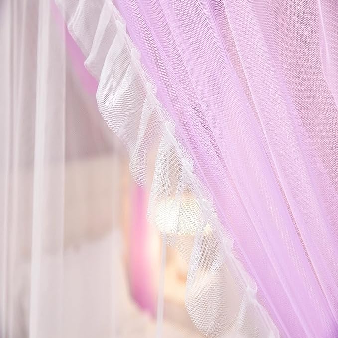 VETHIN 4 Corners Post Ruffle Princess Bed Canopy Curtain-Double Layer Cozy Drape Netting 4 Opening Mosquito Net for Girls Adults Bedroom Decoration (Double-Purple, 78" W*86" L*82"*H/(King))