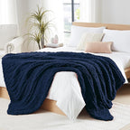 L'AGRATY Chunky Knit Throw: 72''x84'' Chenille Blanket for Bed Couch - Handmade Thick Big Cable Knit - Large Crochet Throw for Home Decor (Navy Blue)