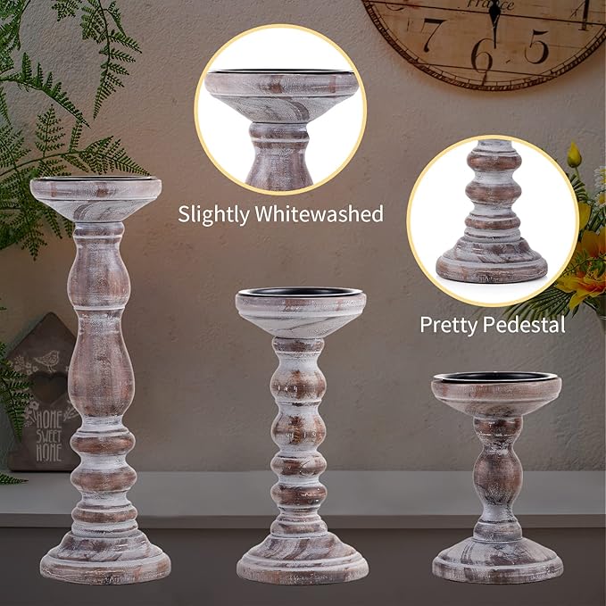 Candle Holder for Pillar Candles: Romadedi Set of 3 Decorative Wood Candlestick Holders, Rustic Wooden Candle Stand for Fireplace Mantle End Table Shelf in Farmhouse Style, Brown 6”, 8.3”, 12”