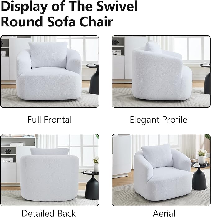 Swivel Accent Chair,360° Rotating Barrel Chair,Teddy Fleece High-Resilience Sponge Single Sofa, Easy Assembly for Living Room, Bedroom, Apartment White