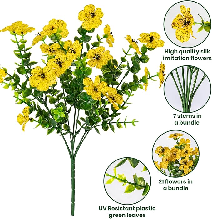 20 Bundles Artificial Flowers for Outdoor Fake Plants for Spring Decoration,Faux Eucalyptus Flowers for Planter UV Resistant Lifelike for Home Porch Garden（Yellow）