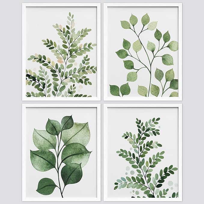 SIGNWIN Framed Green Pastel Forest Fern Leaf Wall Art, Set of 4 Collage Nature Garden Wall Decor Prints, Nature Wilderness Wall Décor for Living Room, Bedroom - 8"x10" White