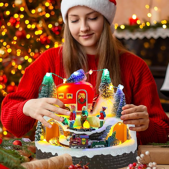 Christmas Village House Musical Christmas Collectible Buildings Camper Bonfire Train Rotation with LED Lights Vacation Village with USB Indoor Figurines Indoor Tabletop Decoration Xmas Decor