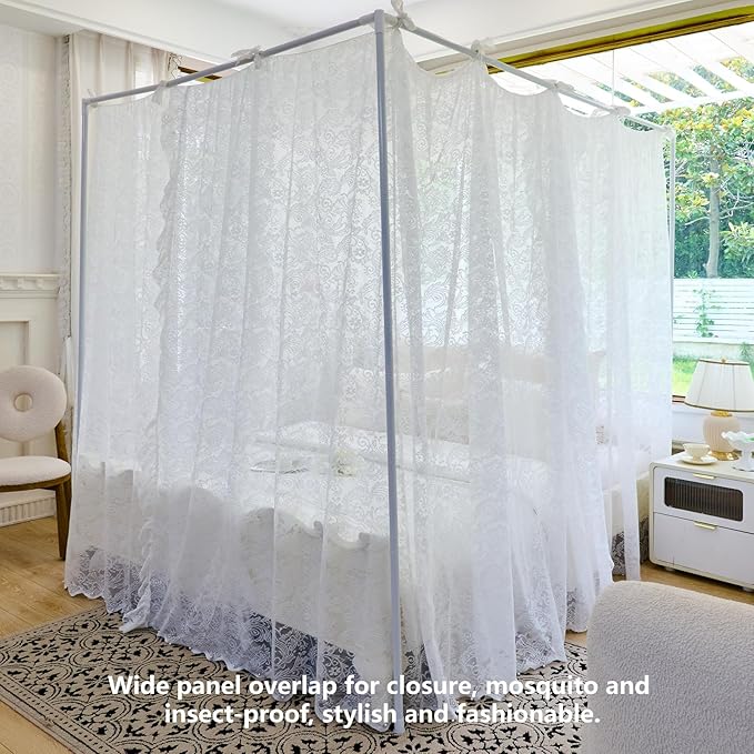 AIKASY Elegant Lace Princess 4-Poster Bed Canopy Mosquito Net - Romantic Wedding Bridal Bedroom Decor, Kids Room Bed Curtain for Women Adults - (White-3,King)