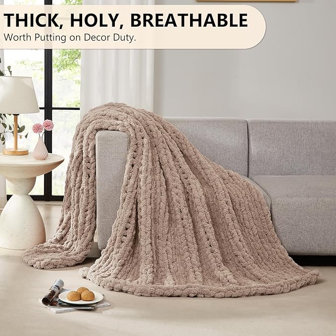 L'AGRATY Chunky Knit Blanket Throw: 60''x80'' Chenille Chunky Knitted Throw Blanket for Bed Couch - Handmade Thick Big Cable Knit Blanket - Large Crochet Rope Blanket for Home Decor(Light Taupe)