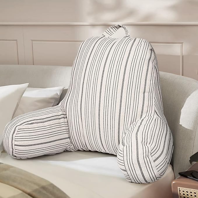 AELS Large Reading Pillow Replacement Cover with Arms and Pockets, 18" Beige with Gray Stripes Textured Linen Backrest Pillow Cover Fits Standard Size Pillows (Cover ONLY)