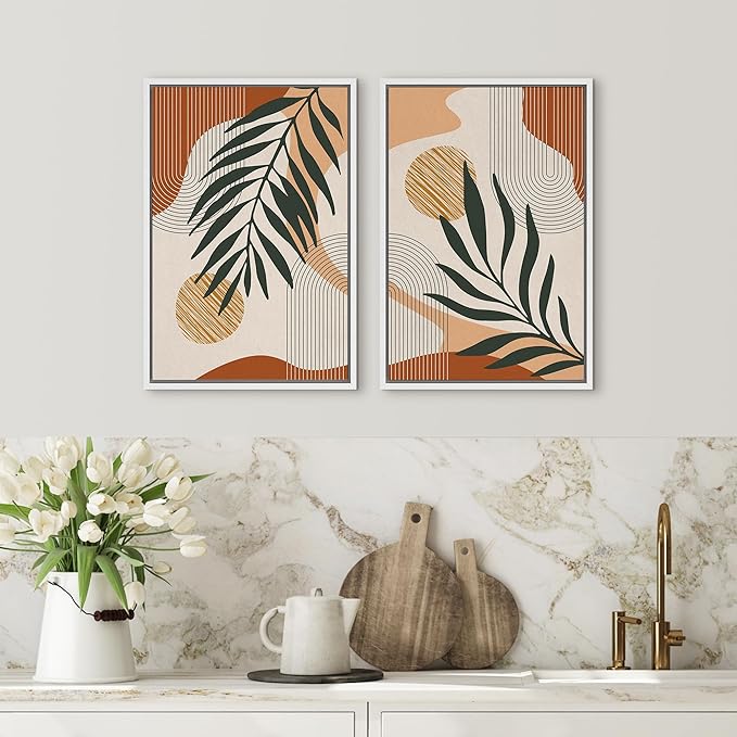 SIGNFORD Framed Canvas Print Wall Art Mid-Century Palm Leaf and Geometry Symbols Abstract Shapes Illustrations Modern Boho Nature Colorful Chic for Living Room, Bedroom, Office - 24"x36"x2 White