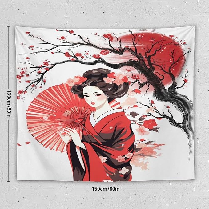 Japanese Red Geisha Tapestry Asian Cherry Blossom Traditional Kimono Folk Tapestries Home Decor for Living Room Bedroom Apartment Farmhouse Dorm 60"x50"