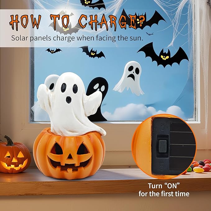 Ghost in Pumpkin Halloween Decoration: 5.5'' Solar Indoor Ornament for Home Fireplace Office Party Perfect Collectible Figurines Gift for Gothic Style Lovers