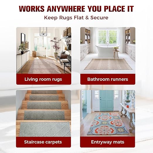 Carpet Tape Double Sided, Heavy Duty Rug Tape for Hardwood Floors, Non-Slip Carpet Adhesive Tape for Area Rugs, Strong Grip, No Residue