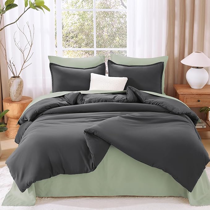 Litanika Grey Comforter Queen Size Set, Dark Gray Lightweight Plain Bedding Comforters Sets, All Season Fluffy Bed Set (90x90In Comforter & 2 Pillowcases)