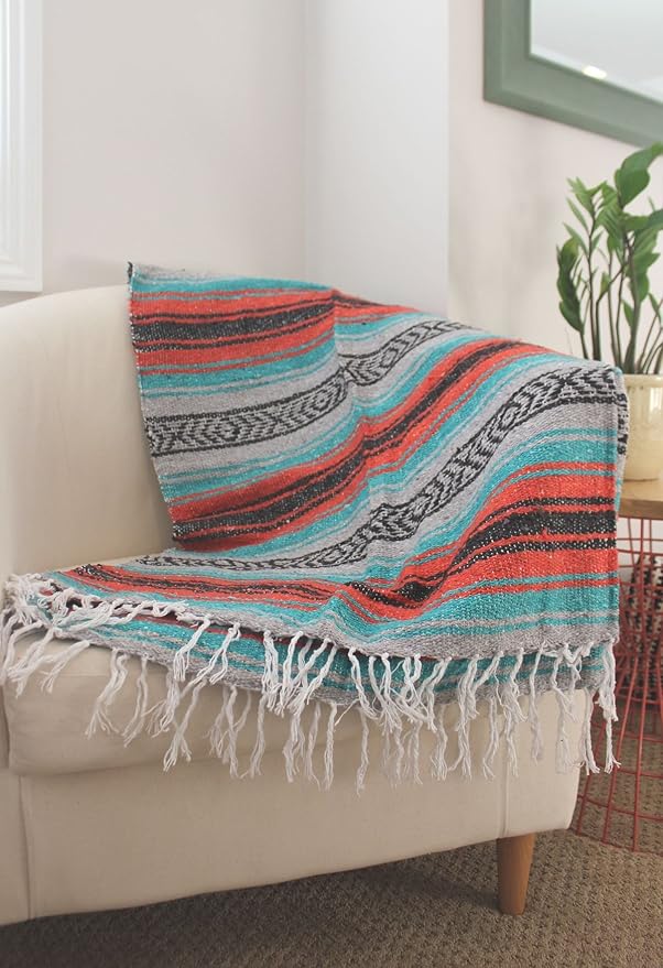 Del Mex Classic Mexican Blanket, Large Authentic Woven Falsa Throw (70"x50"), Artisan Southwest Décor for Beach, Yoga, Outdoors (Mint/Orange/Gray)