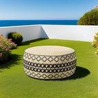 Outdoor Inflatable Ottoman with Air Pump, Embroidery Patio Footrest Stool D21”x H9”, Round Pouf Ottoman with Portable Handle Suitable for Garden, Camping, Bedroom, Living Room