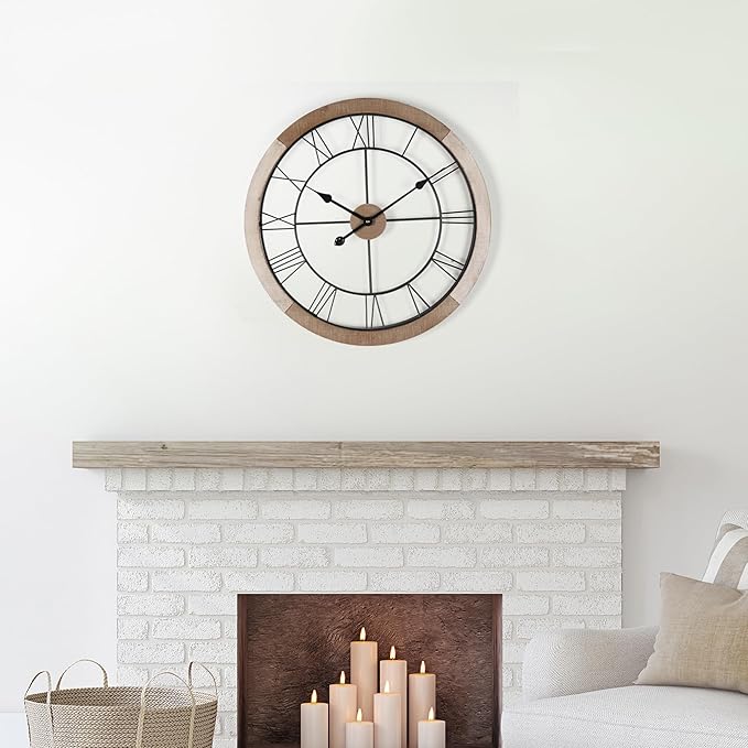 Wall Clock for Living Room Decor, 18'' Big Clock for Office, Rustic Wall Clocks Battery Operated, Distressed White Roman Numeral Clock, Round, Wood