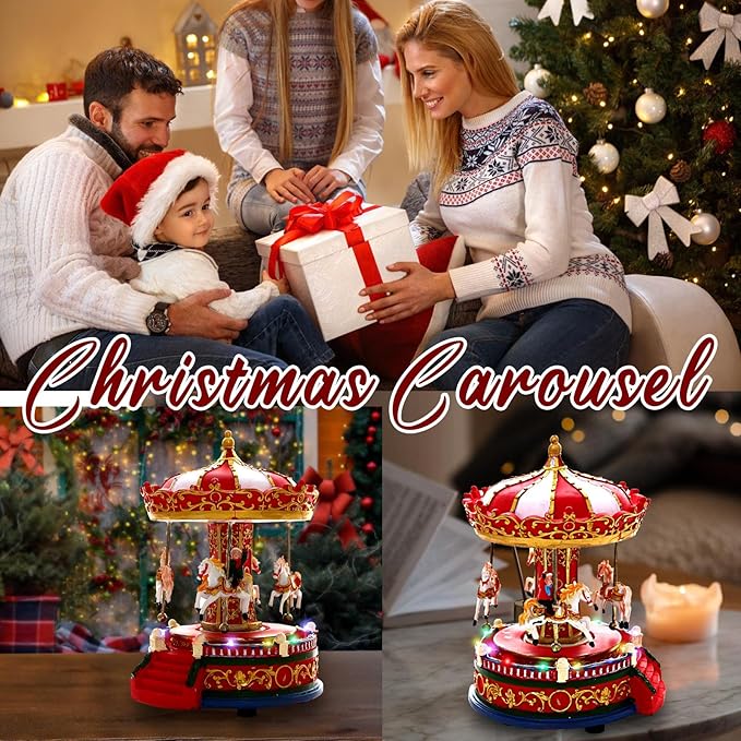 Christmas Carousel Figurines Decoration Christmas Village House Musical Carousel with 6 Moving Horses Go Round, 8 Pieces of Music Snow Globe, Music Box for Girl and Boy Kids